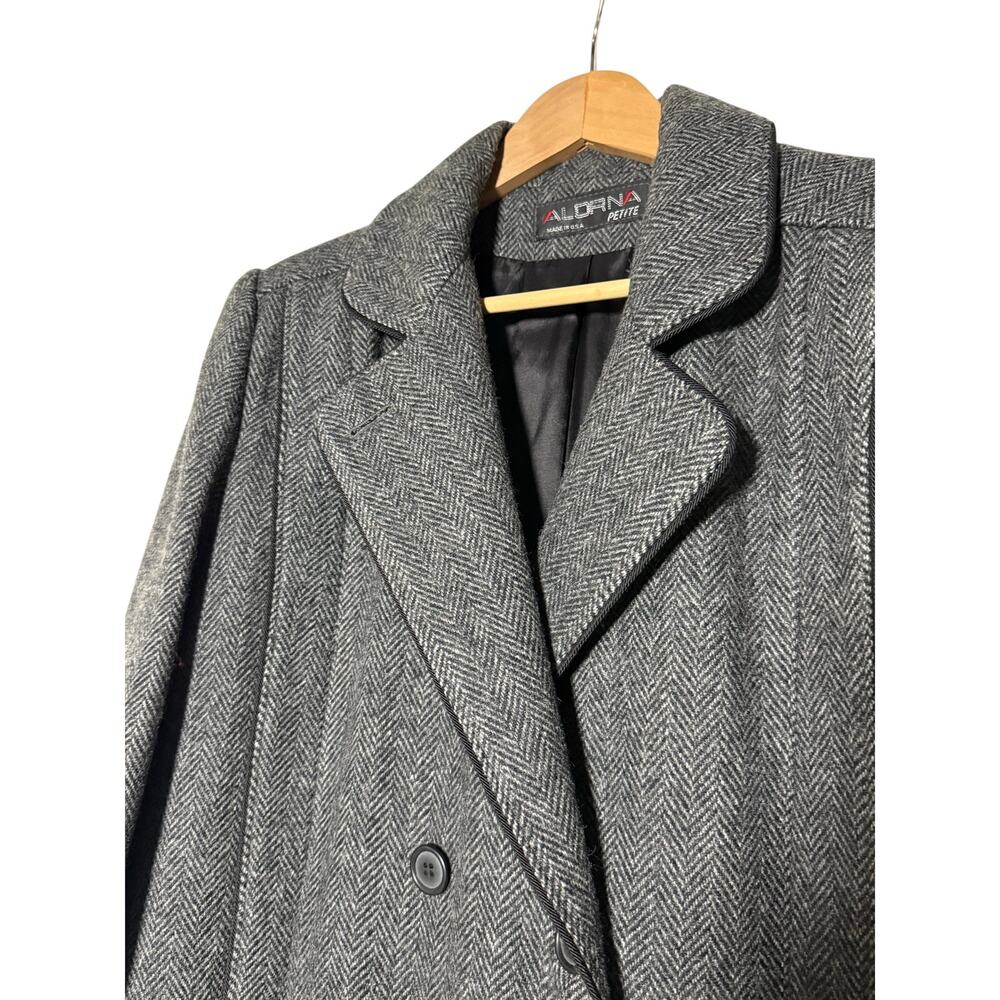 Vintage Alorna Coat Women's Petite Wool Union Gray Herringbone Double Breasted